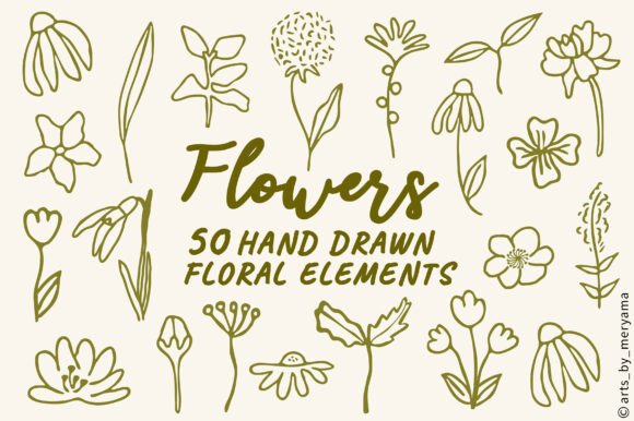 Download 50 Hand Drawn Flowers, Botanical Element - Hand drawn flowers Collection